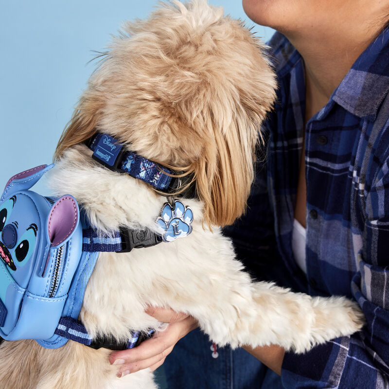 Image of person holding a dog wearing the Disney Stitch Mini Backpack Harness and collar